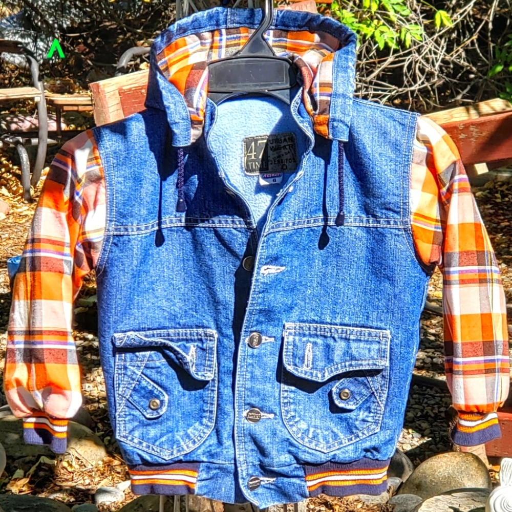 Vintage Boys' Denim Jean Jacket, 47 Brand,  Detachable Hood, Kids Size 6